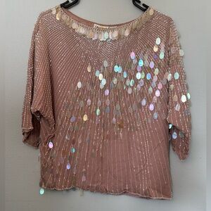 OLEG CASSINI Vintage Silk Beaded and Sequined Dusty Rose Top Size S